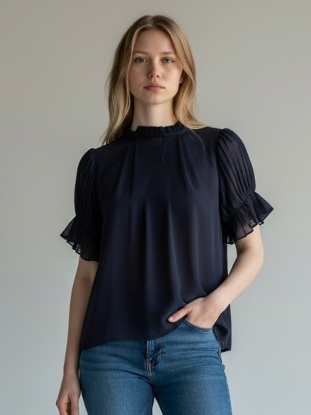 Faith and Joy Navy Pleated Sleeve Blouse